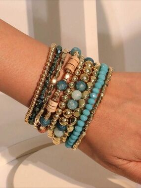 Turquoise and Gold Beaded Stackable Bracelet Set - Women Jewelry